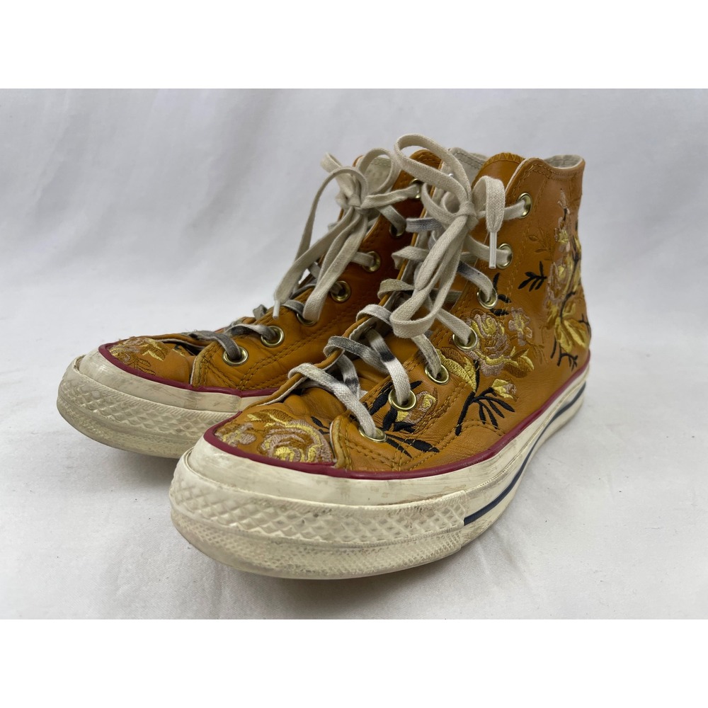 Converse Chuck Taylor Womens 7.5 Mustard Yellow Floral Embroidered Leather Shoes